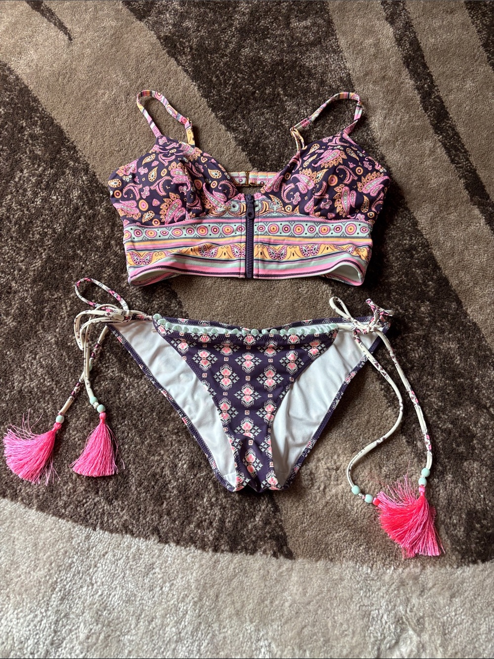 Victoria's Secret Paisley Zip-Front Bikini Set in Purple and Pink
